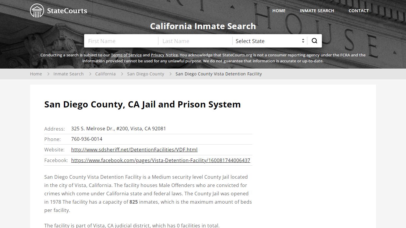 San Diego County Vista Detention Facility Inmate Records ...