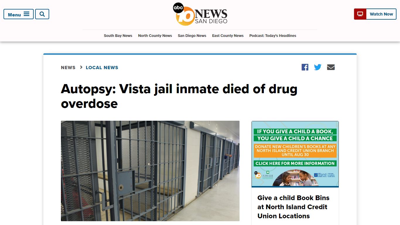 Autopsy: Vista jail inmate died of drug overdose